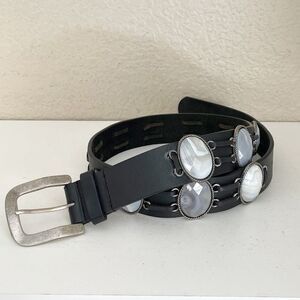 Vintage Leatherock Black Leather Belt with Silver gray stone Accents